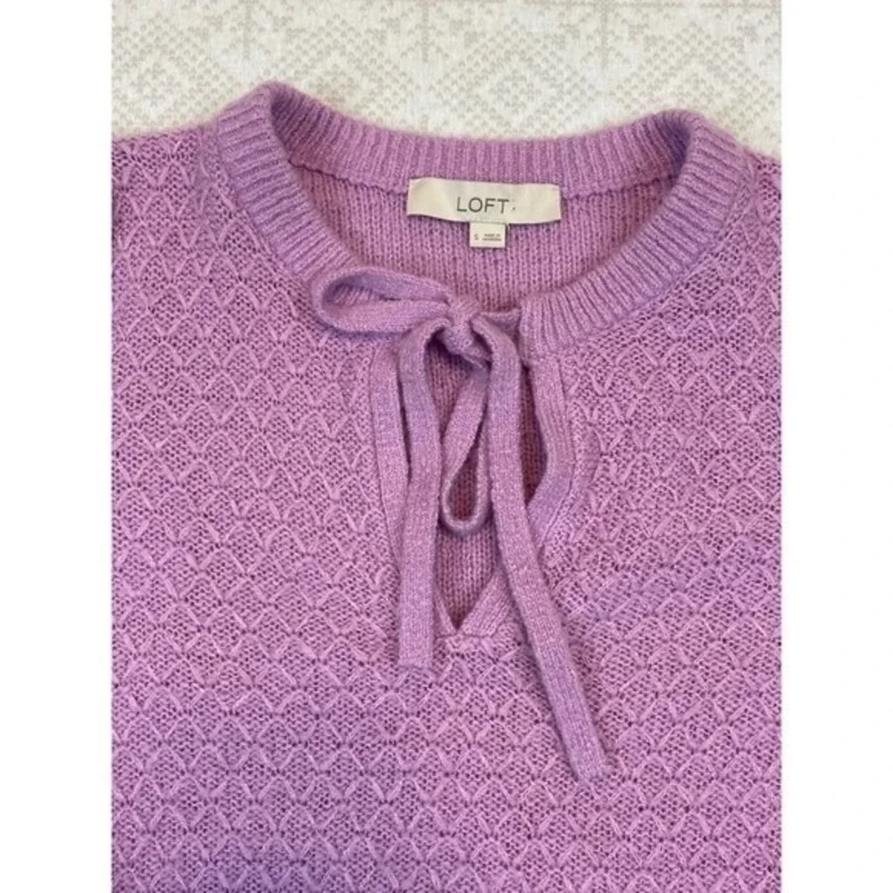 LOFT Sweater Womens Small Purple Tie‎ Neck Pointelle Knit Balloon Sleeve Cottage
